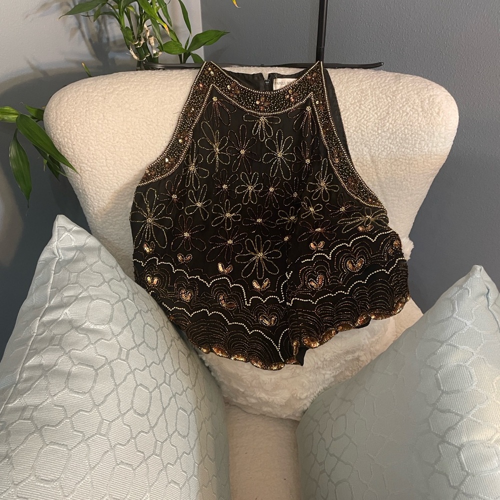 Vintage Papel Boutique Beaded Silk Halter Top | Size XL